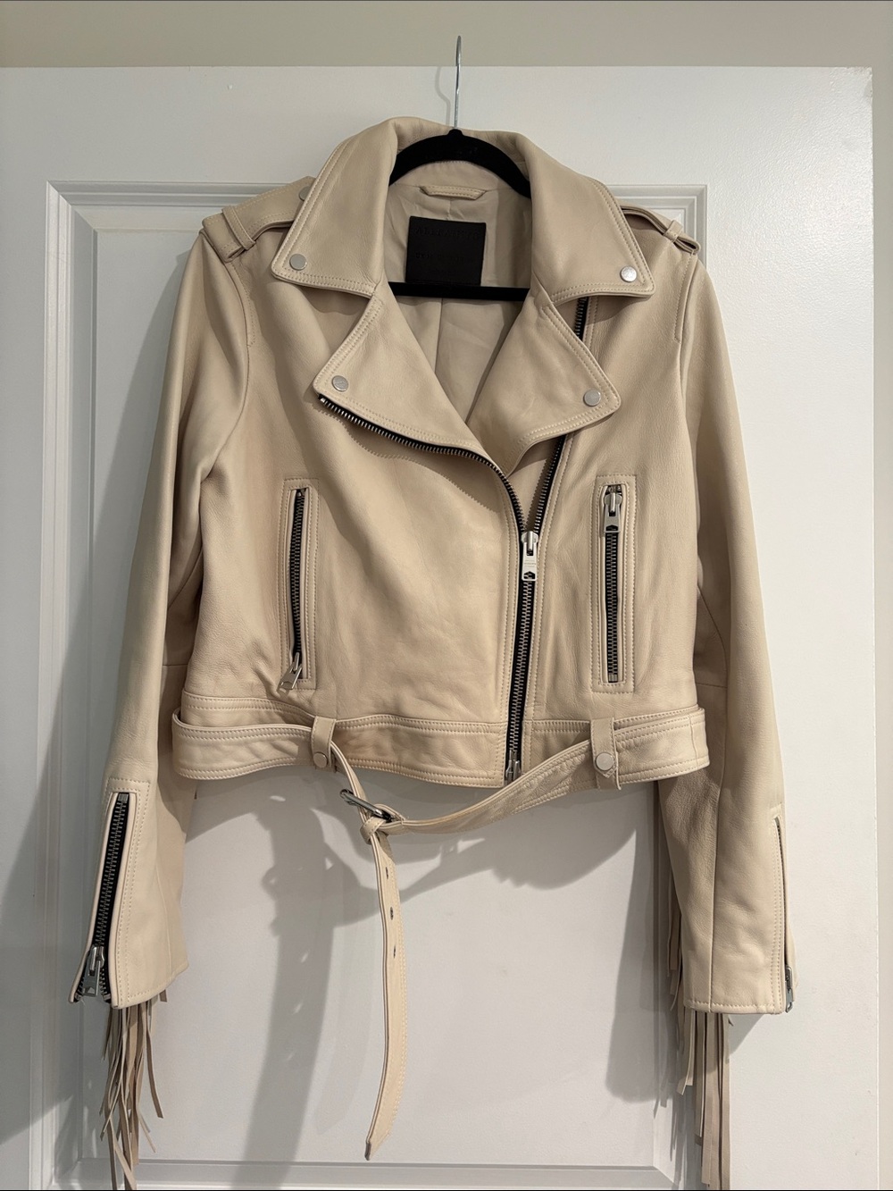 All Saints Cream Leather Moto Jacket with Fringe sz L US 10